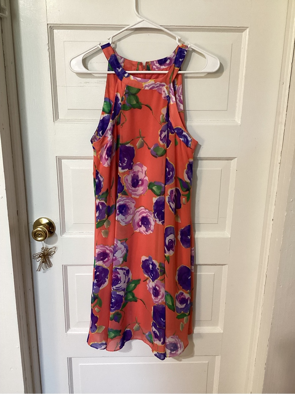 Betsey Johnson Coral Halter Midi Dress with Purple Floral Print